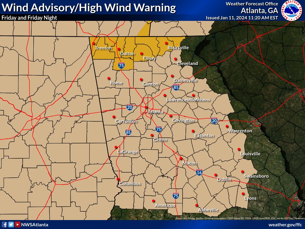 NWSAtlanta's tweet image. As a reminder...A Wind Advisory and High Wind Warning  remain in effect today.
It won't take much to knock trees or powerlines down. Especially considering recent heavy rainfall and saturated soils. 🍃(2/2)