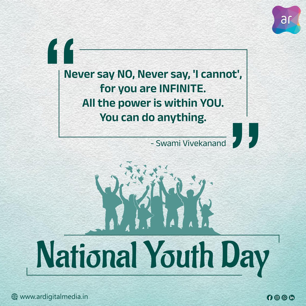 Happy National Youth Day!
.
.
.
#nationalyouthday #youthday #swamivivekanandjayanti #swamivivekanand #youthinspitation #armedia #ardigital #digitalmediagency #digitalmarketing #socialmedia #ahmedabad