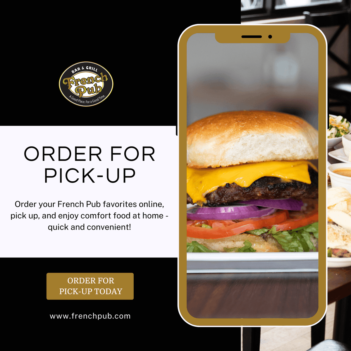 thefrenchpub's tweet photo. Craving comfort food? 🍔 Your French Pub favorites are just a click away! 

Simply order online, pick up, and enjoy the comfort of delicious food at home. 

It's quick, convenient, and oh-so-satisfying!

Order for pickup here:
https://t.co/9Fpb2l3sdr https://t.co/eCXrcAwkXk