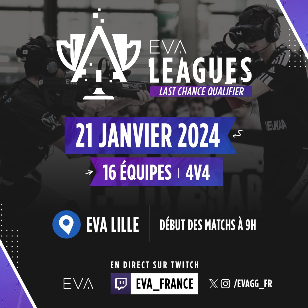 🏆 Last Chance Qualifier 

Qui aura sa place en EVA League 1 et League 2 ?🤯

➡️Rendez-vous le 21 janvier 
⚔️Début des affrontements à 9h00
🔴En live sur twitch.tv/eva_france
📍EVA Lille : 4 rue Professeur Langevin - Btwin Village