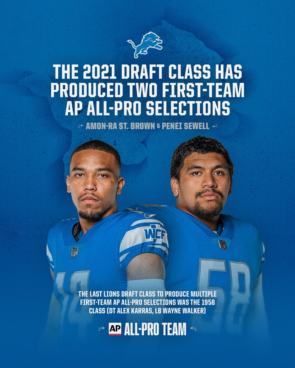 The 2021 <a href="/Lions/">Detroit Lions</a> Draft Class has produced two <a href="/AP_NFL/">AP NFL</a> First-Team All-Pro selections.

The only other Lions draft class to produce multiple First-Team AP All-Pro selections was the 1958 class (Alex Karras, Wayne Walker).

#AllGrit