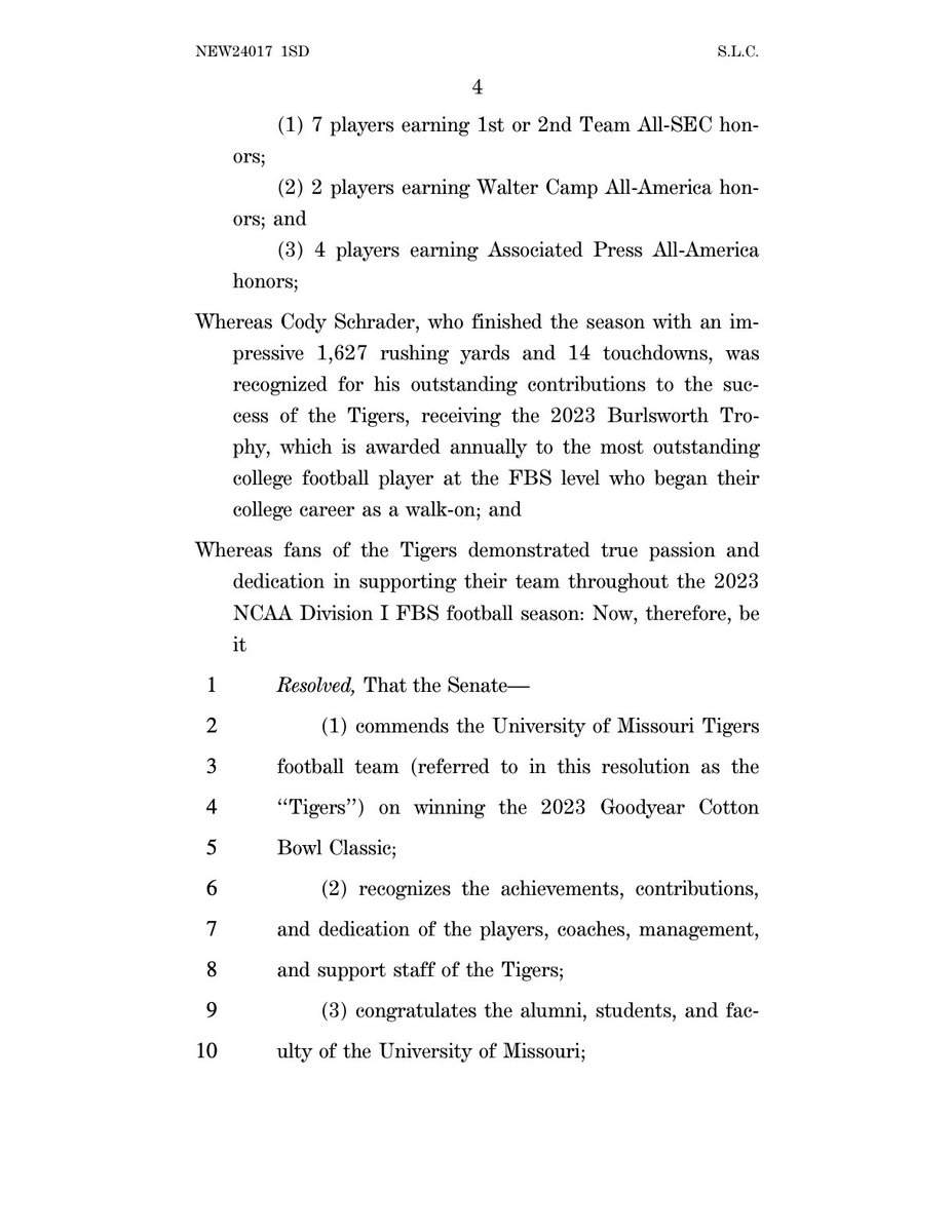 Today, <a href="/HawleyMO/">Josh Hawley</a> and I introduced a resolution honoring <a href="/MizzouFootball/">Mizzou Football</a> for their victory in the Cotton Bowl and their incredible season.

<a href="/CoachDrinkwitz/">Eliah Drinkwitz</a> and the entire Mizzou football program should be proud. The future is bright. Why stop now. 🐯🏈 #MIZ | #STP