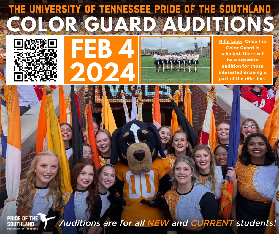 Pride of the Southland Color Guard auditions for all new and current color guard members will be LIVE in-person on February 4th on the campus of the University of Tennessee! Rifle Line auditions will take place after the initial color guard auditions! utbands.utk.edu/marching-band/…