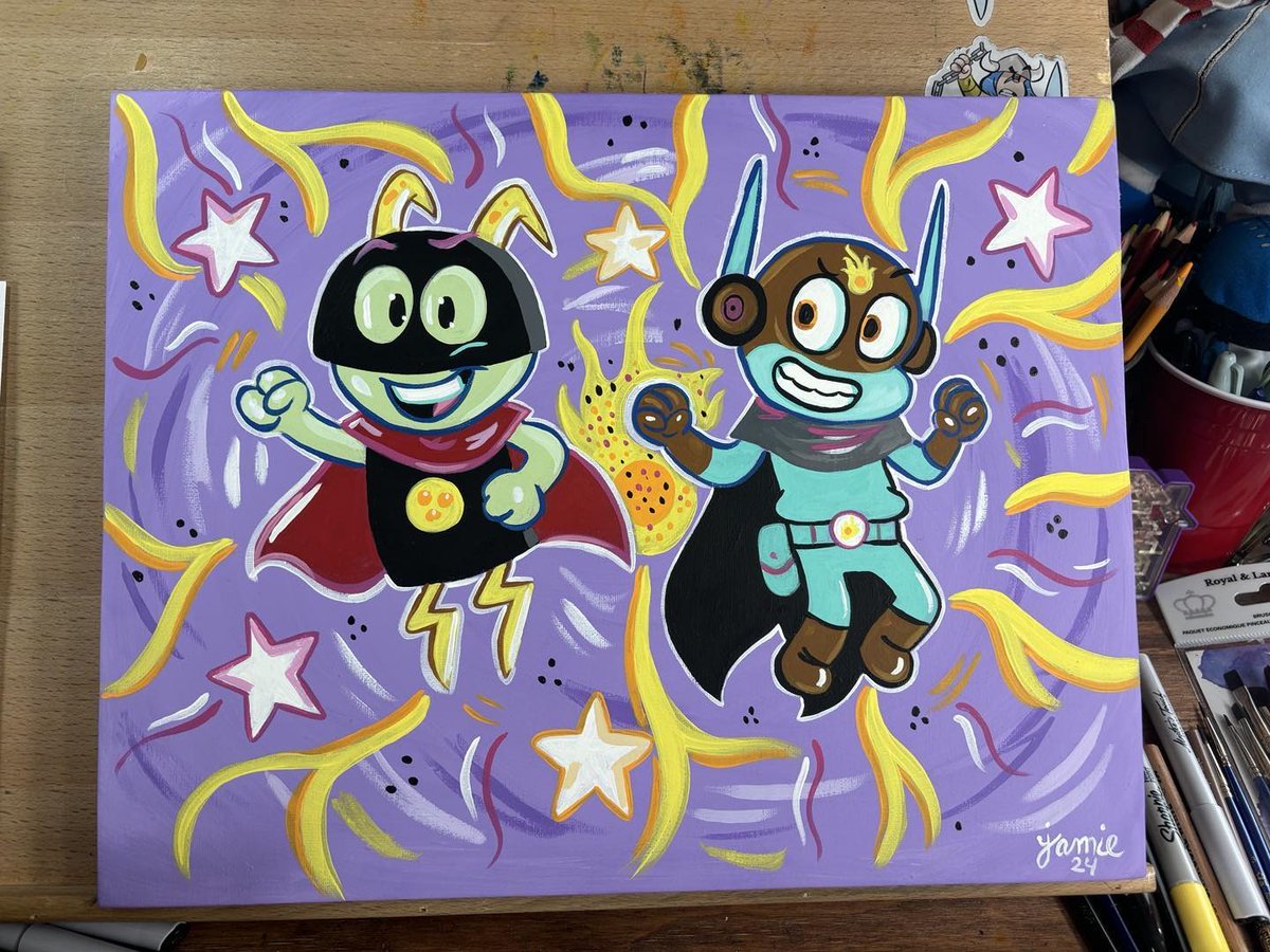 A recent commission. If you'd be interested in a painting by me I have a 10 x 20 waiting in the wings! Acrylic paint this one featuring SpitFire SpaceCricket and @artbaltazar Meteor Mite is 11 x 14 - prices start at $150.00