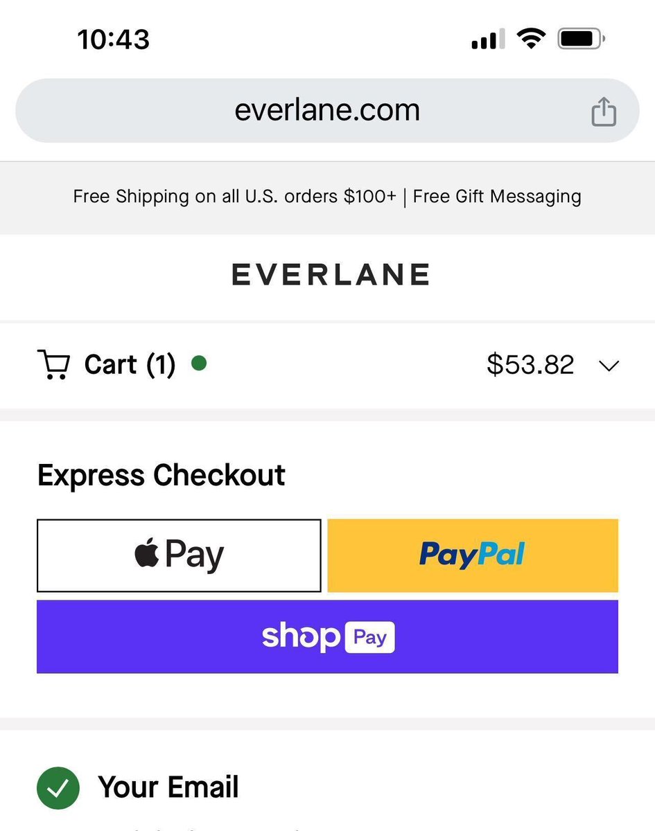 🚨 SPOTTED ShopPay on a non-Shopify website! Everlane's site is built on a homegrown CMS & now has ShopPay. ShopPay + Shopify's credibility amongst enterprise co’s will be the death of every single 1-click checkout business. This will be... fast! Nice work @harleyf 😉