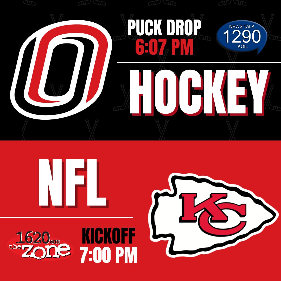 1290KOIL's tweet photo. A big sports weekend ahead... we'll have the @OmahaHKY games at North Dakota tonight and tomorrow night here on News Talk 1290.

Chiefs fans, you can hear the Chiefs Radio Network call of their Super Wildcard Weekend matchup with Miami over on our sister station, 1620 the Zone. https://t.co/lLGcqf8hxz