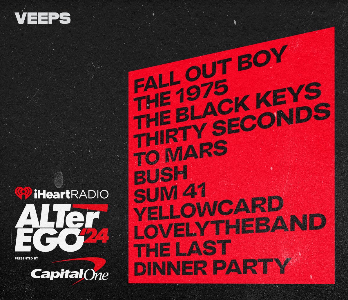 Don't miss the chance to watch the SOLD OUT iHeart ALTer EGO Music Festival tomorrow night at 9pm. With @Veeps  All Access, you'll get front-row seats to electrifying performances by Fall Out Boy, The 1975, The Black Keys, Sum41, Yellowcard, and more. #iHeartALT <3