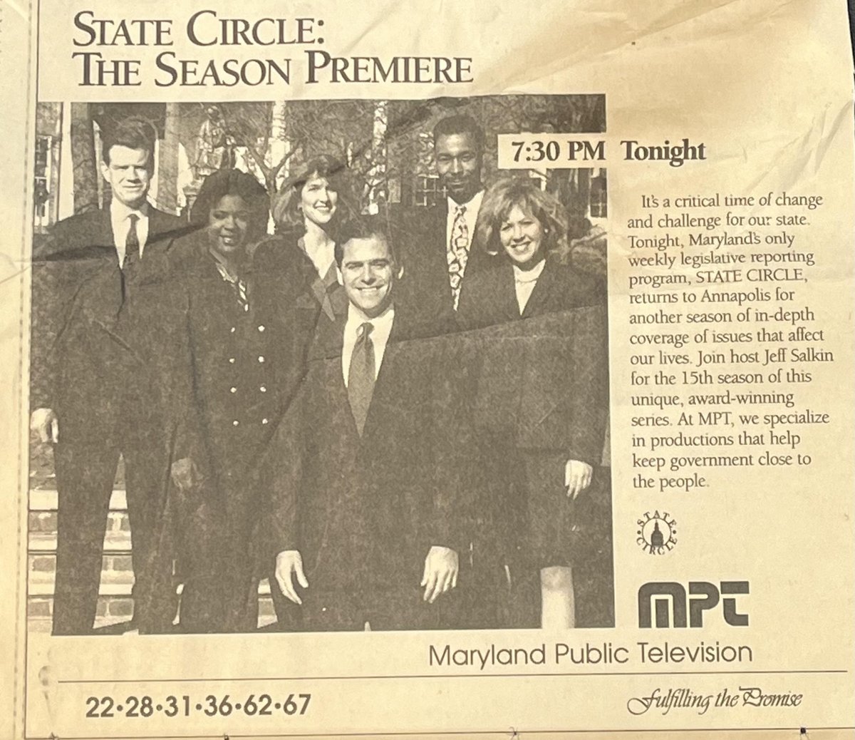 From the archives... newspaper ad promoting the 1995 season of State Circle.  Our 43rd season starts tonight!  MPT's veteran reporting team of @C3Newsman, @UMNewsie, and Nancy Yamada bring the State House to your house every Friday evening at 7:00. @mptnews @marylandpubtv