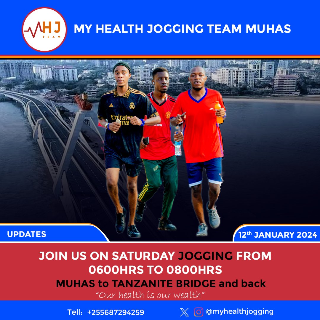 My health jogging team inakukaribisha kushiriki jogging siku ya kesho.

Kuanzia saa 12 asubuhi hadi saa 2 kamili asubuhi.

Route ni kutoka Campus mpaka  T bridge. Mwendo wetu ni rafiki vibe ndio halisemeki kabisa🥳🥳🥳

Tuko pale🥳🥳🥳🔥
#OurHealthIsOurWealth