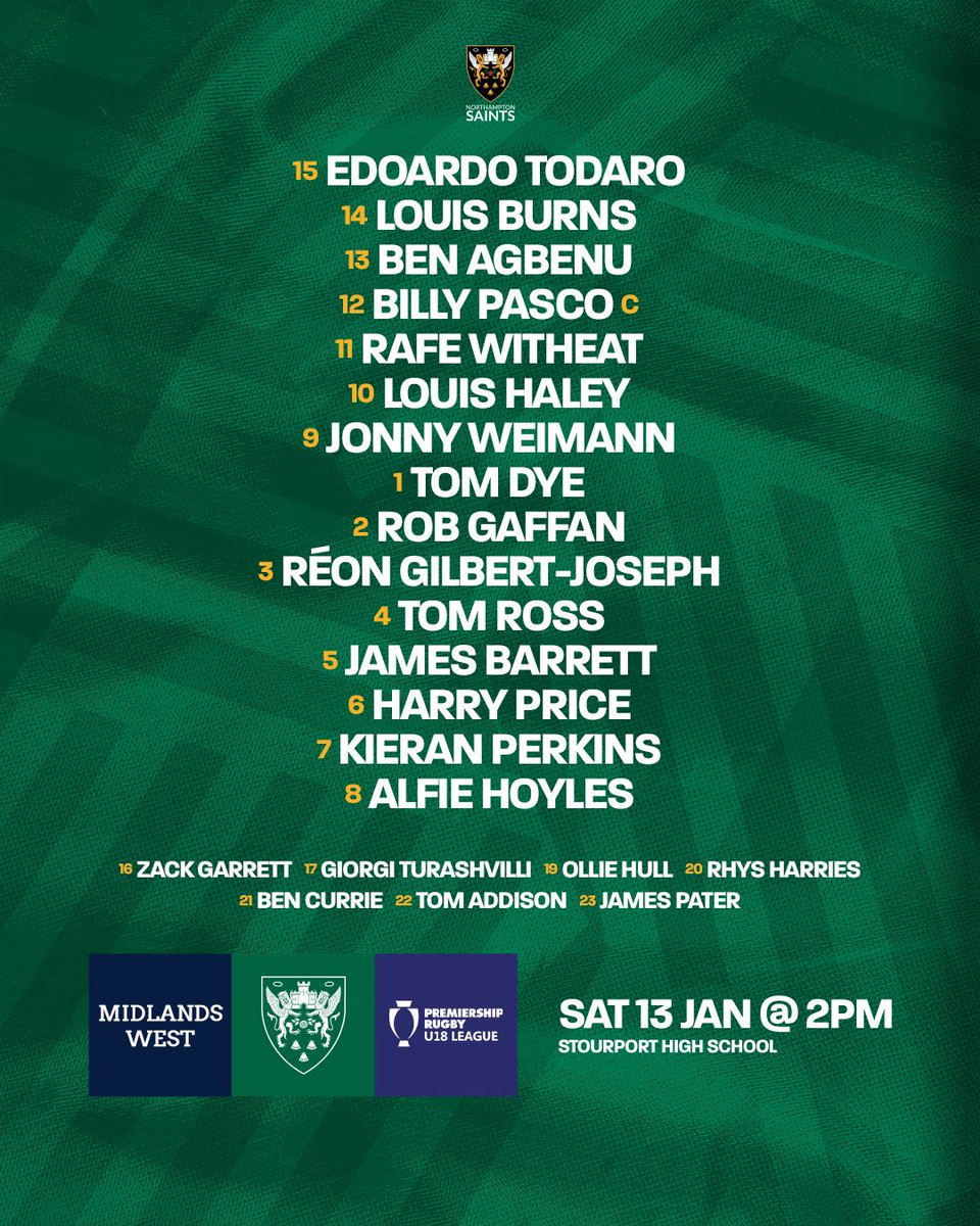 Here is our side to play Midlands West in the <a href="/premrugby/">PREM Rugby</a> U18 League tomorrow afternoon 😇

northamptonsaints.co.uk/U18-Team