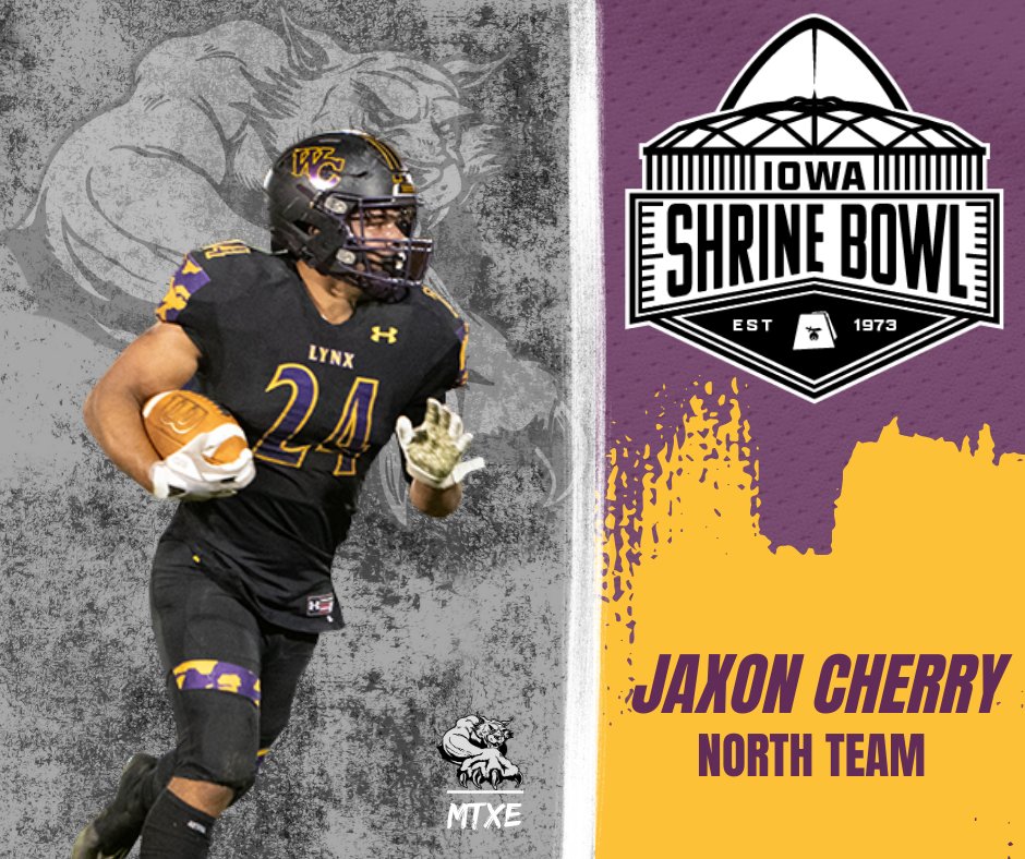 Jaxon Cherry will represent the Lynx in the 2024 Iowa Shrine Bowl!! Congratulations, Jaxon! This year's Shrine Bowl will take place July 20th at the UNI Dome!