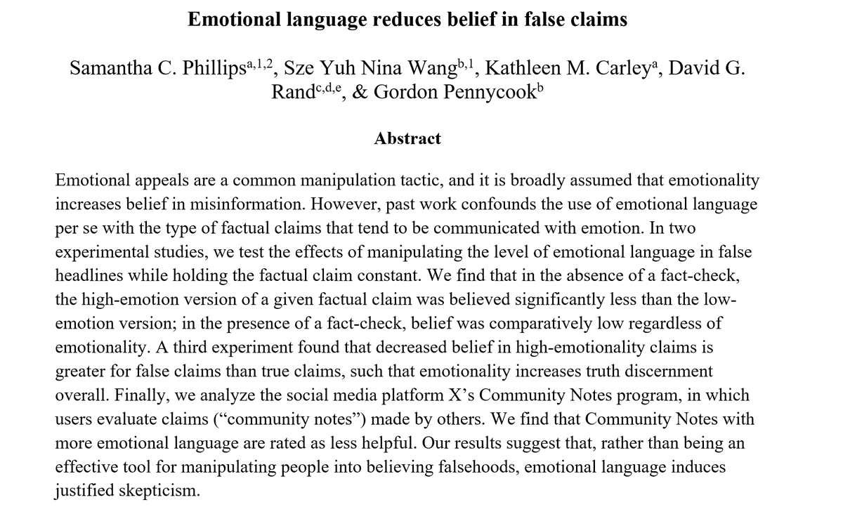 Gordon Pennycook (@gordpennycook) on Twitter photo New working paper: "Emotional language reduces belief in false claims" osf.io/preprints/psya…
You read that right: When adding (v. removing) emotional language to the same underlying claim, people believe it *less*.
with <a href="/Samanthph/">Samantha Phillips</a> <a href="/szeyuhninawang/">Nina Wang</a> <a href="/DG_Rand/">David G. Rand @dgrand.bsky.social</a> New working paper: "Emotional language reduces belief in false claims" osf.io/preprints/psya…
You read that right: When adding (v. removing) emotional language to the same underlying claim, people believe it *less*.
with <a href="/Samanthph/">Samantha Phillips</a> <a href="/szeyuhninawang/">Nina Wang</a> <a href="/DG_Rand/">David G. Rand @dgrand.bsky.social</a>