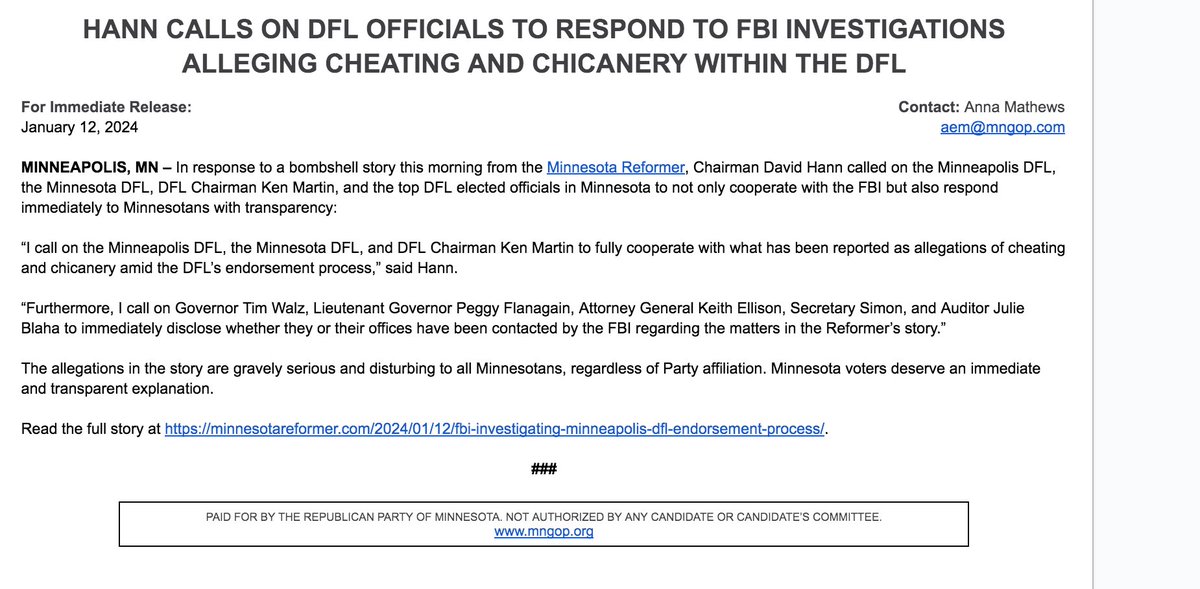 Chairman Hann issued the following statement this morning calling on the @MinneapolisDFL, the @MinnesotaDFL, Chairman @kenmartin73, @GovTimWalz, @AGEllison, @MNSecofState Steve Simon, and @MNStateAuditor Julie Blaha in response to the @MNReformer's bombshell story: