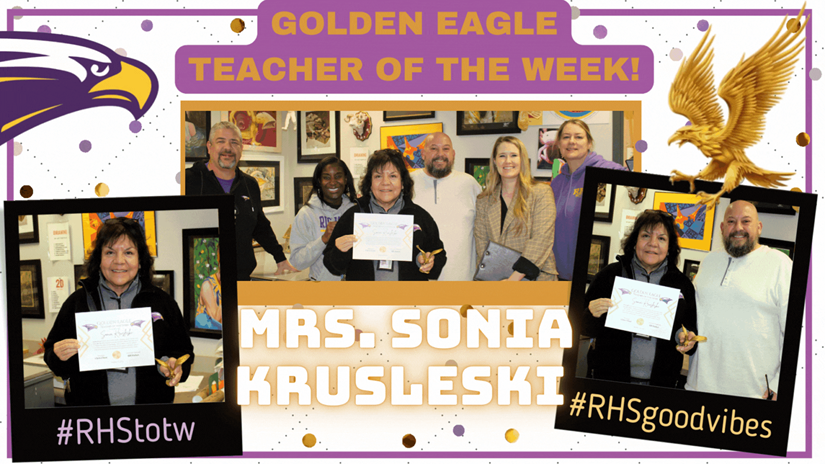 WilliamKParker's tweet photo. Congratulations to @KrusleskiSonia!  She was named our Golden Eagle Teacher of the Week!
This is a well-deserved award!  Congratulations, Mrs. K!
Eagles Forever, Forever Eagles! #EFFE
@RichardsonHS1 @RHS_Magnet 
#RHSMagnet #ArtMAgnet https://t.co/Dp7Mi4WmVl