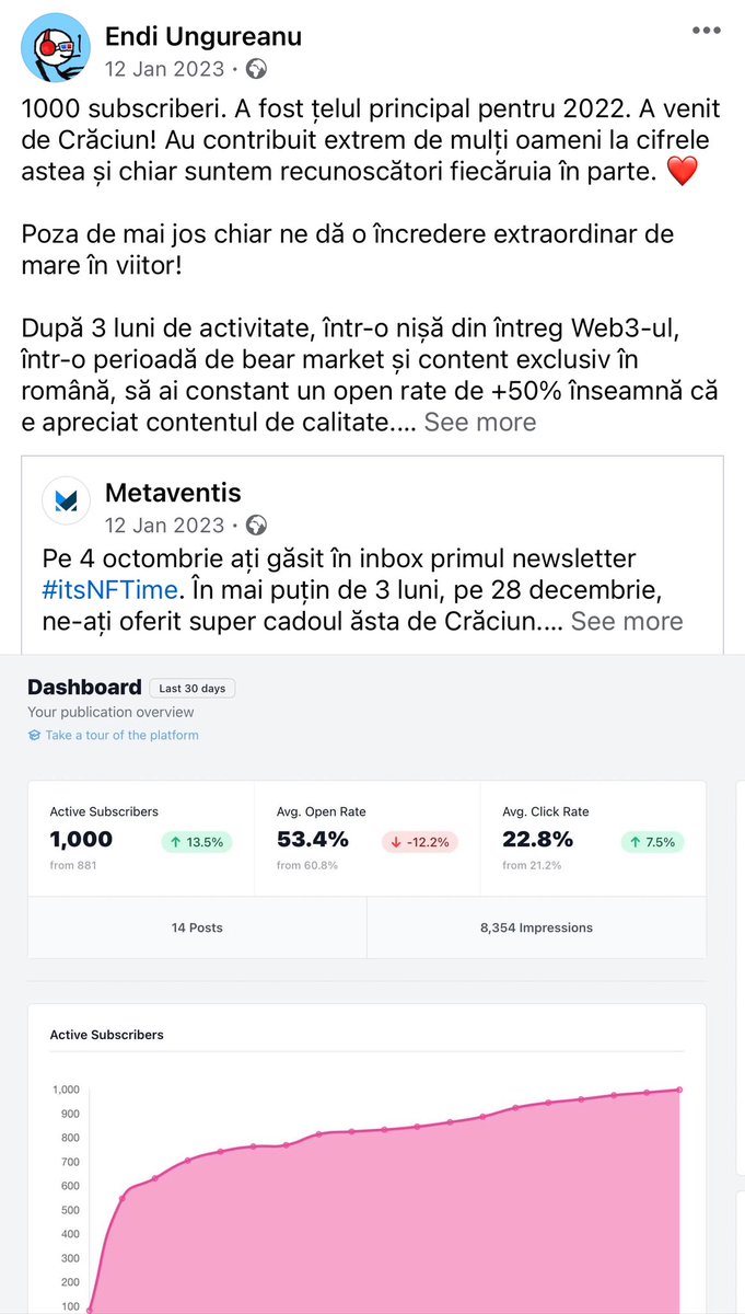 EndiUngureanu's tweet photo. Acum 1 an eram recunoscător pentru fiecare din cei 1000 subscriberi la #ItsNFTime, primul newsletter dedicat NFTs din România.
Vă dați seama cât de recunoscător sunt azi, la 3000+ subscribers și open rate săptămânal la +40%! 🙏
Marțea, de la 11:11: https://t.co/kvwv5ip7nw https://t.co/sNIeI5yqKy