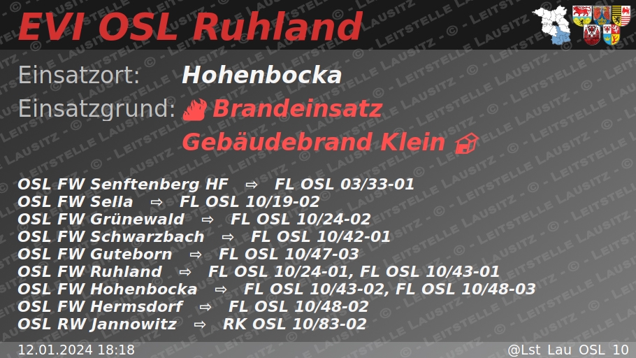 🚨 12.01.2024 18:18 🔥 🏠 B:Gebäude-Klein 🌐 Hohenbocka 🚒 ⇨ FW Senftenberg HF, FW Sella, FW Grünewald, FW Schwarzbach, FW Guteborn, FW Ruhland, FW Hohenbocka, FW Hermsdorf wachalarm.leitstelle-lausitz.de/dbrd/c3b7c222-…