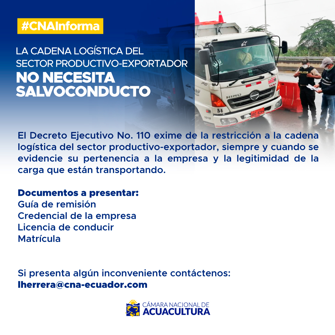 cnaecuador's tweet photo. #CNAInforma | La cadena logística del sector productivo-exportador NO NECESITA SALVOCONDUCTO.

Si presenta algún inconveniente contáctenos: lherrera@cna-ecuador.com https://t.co/evgzZHV7Cb