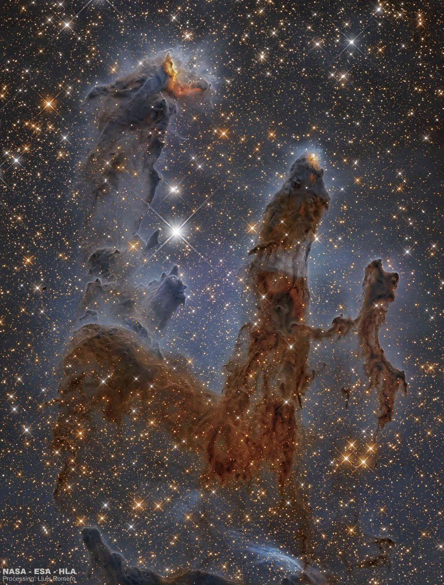 Newborn stars shine in the Eagle Nebula's Pillars of Creation, captured by the Hubble Space Telescope in near-infrared light, revealing structures of dense gas and dust.
Source:APOD NASA
#EagleNebula #HubbleSpaceTelescope #PillarsOfCreation #NASA