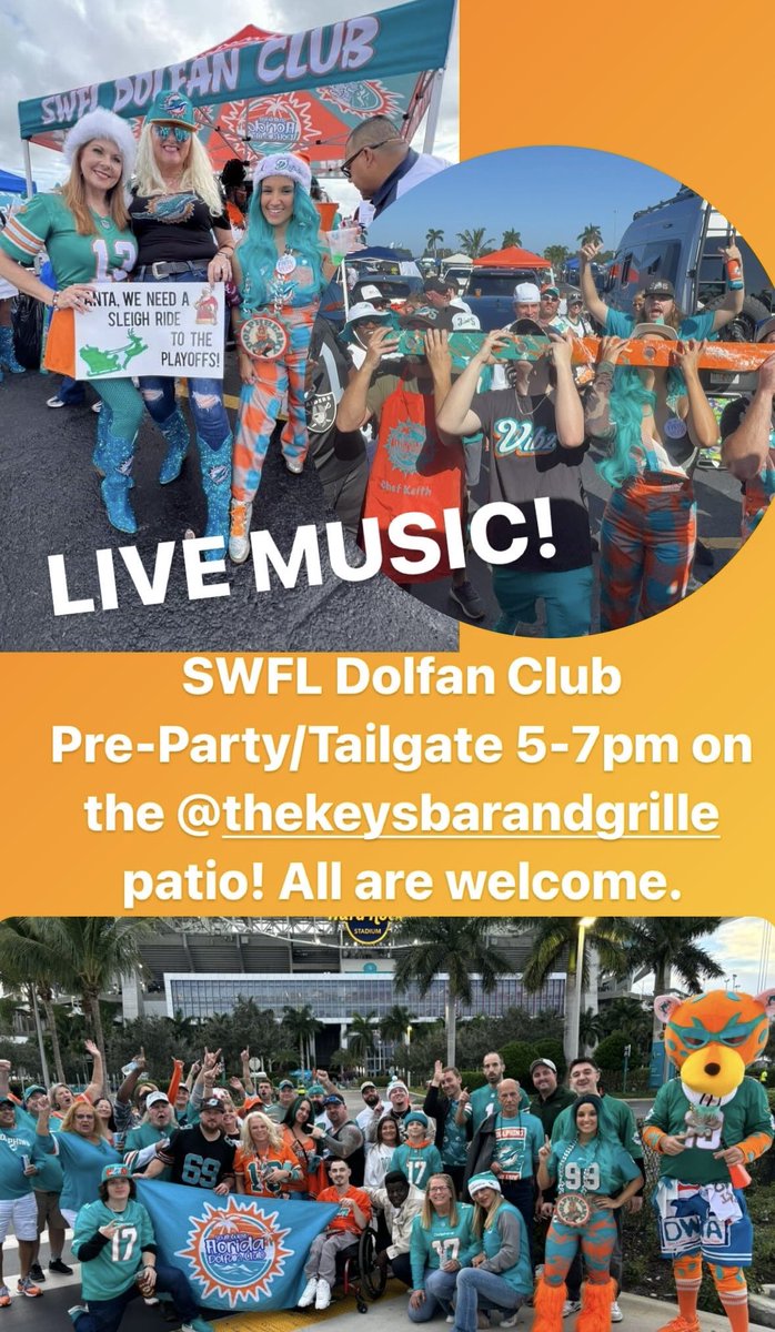 Newly added: pre-party tailgate before the watch party starts! 5-7pm on the Keys Bar patio (live music!) @swfldolfanclub