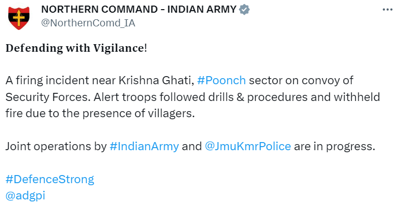 himalayanhindu's tweet photo. Defending with Vigilance!

Terrorists targetted Army Vehicles in Jammu &amp; Kashmir's Poonch, today evening. None injured, search ops launched.

#Poonch #KrishnaGhati #IndianArmy #DefenceStrong https://t.co/DuvzMybiX8