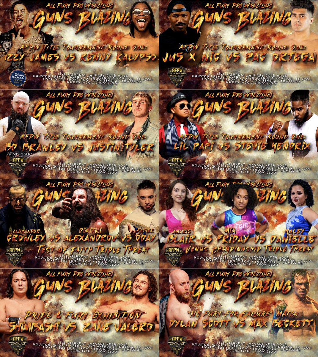 AllFuryPro's tweet image. In just 8 Days we arrive #GunsBlazing!

Which match has you most excited?

-James vs Kalypso
-Nic vs Ortega
-Brawley vs JT
-Papi vs Hendrix
-Alexandrov vs Oday vs Crowley
-Blair vs Danielle vs Friday
-Shimbashi vs Valero
-Beckett vs Scott

🎟️: tiny.cc/AFPWGB