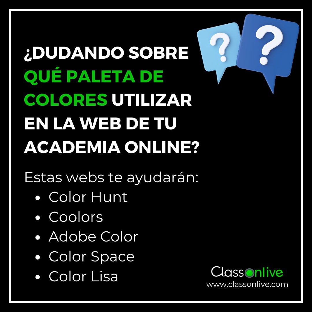 🎨 ¿No sabes qué paleta de colores utilizar en tu academia online? Con estas herramientas encontrarás la paleta perfecta para reflejar la esencia de tu negocio online. Quizás tb te pueda interesar: classonlive.academy/curso-completo… 
#ClassOnLive #ClassOnLiveAcademy #AcademiaOnline #Colores