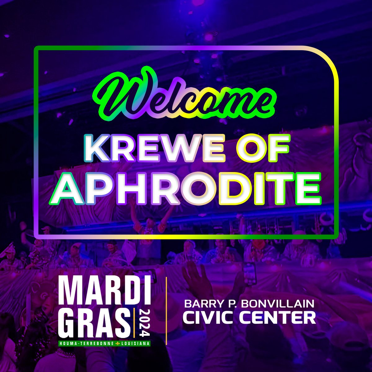 HoumaEvents's tweet photo. Welcome members and guests attending the Krewe of Aphrodite Tableau and Ball. #mardigras #terrebonneparish 🟣🟢🟡 https://t.co/Gq6qG8yvko