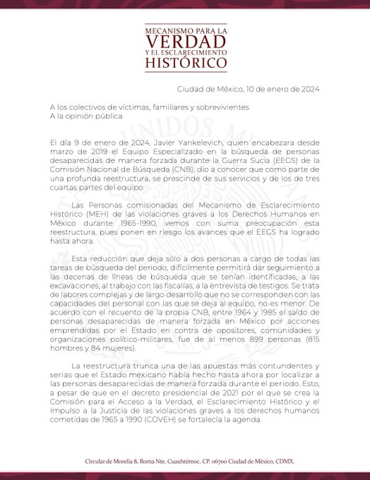 perezricart's tweet photo. La @SEGOB_mx decidió prescindir de los servicios de Javier Yankelevich, funcionario que encabezaba el Equipo Especializado de Búsqueda de Personas Desaparecidas durante la Guerra Sucia en la Comisión Nacional de Búsqueda.
Al hacerlo, no solo despide a un funcionario comprometido y ejemplar, también tira por la borda los esfuerzos que desde 2019 se realizaban para encontrar personas desaparecidas en México durante el periodo 1965-1990 (cuando menos 899 personas).
En lo personal, considero que es una pésima decisión y envía un mensaje terrible a las víctimas y familiares del periodo. Es un retroceso brutal que aleja —todavía más— a la Comisión de la Verdad (@verdad_comision) de cumplir su mandato. Las cosas como son.

En el marco de nuestra autonomía, los cuatro comisionados independientes del Mecanismo de Esclarecimiento Histórico (@MEHistoricomx) de la Comisión de la Verdad de Guerra Sucia decidimos firmar este desplegado: