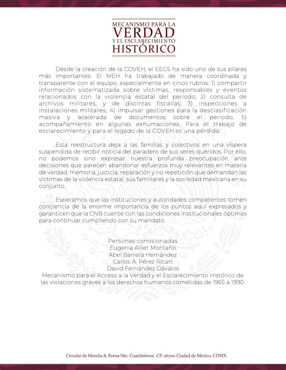 perezricart's tweet photo. La @SEGOB_mx decidió prescindir de los servicios de Javier Yankelevich, funcionario que encabezaba el Equipo Especializado de Búsqueda de Personas Desaparecidas durante la Guerra Sucia en la Comisión Nacional de Búsqueda.
Al hacerlo, no solo despide a un funcionario comprometido y ejemplar, también tira por la borda los esfuerzos que desde 2019 se realizaban para encontrar personas desaparecidas en México durante el periodo 1965-1990 (cuando menos 899 personas).
En lo personal, considero que es una pésima decisión y envía un mensaje terrible a las víctimas y familiares del periodo. Es un retroceso brutal que aleja —todavía más— a la Comisión de la Verdad (@verdad_comision) de cumplir su mandato. Las cosas como son.

En el marco de nuestra autonomía, los cuatro comisionados independientes del Mecanismo de Esclarecimiento Histórico (@MEHistoricomx) de la Comisión de la Verdad de Guerra Sucia decidimos firmar este desplegado: