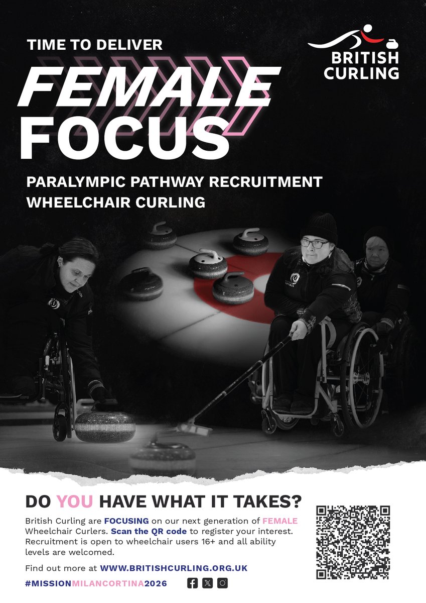 Join us for our 1⃣st Female Focus Wheelchair Curling Recruitment Day on 9th February in Stirling.
See where your potential takes you - scan the QR code or get in touch to register your interest.
▶️britishcurling.org.uk/news/british-c…
#curling #wheelchaircurling #inclusion #FloorCurl
