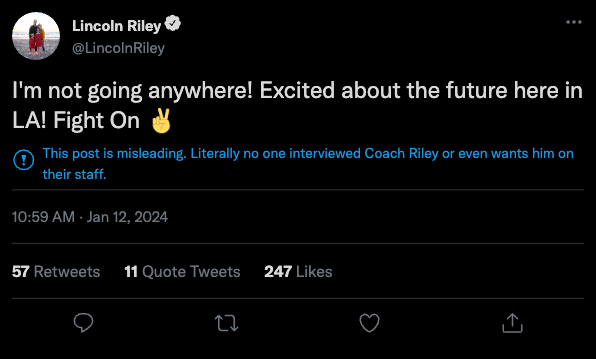 TheMainLinePod's tweet photo. Lincoln Riley taking his name out of the Bama coaching search. https://t.co/eKbAFv5lik