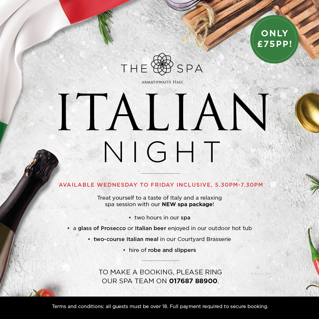 A taste of Italy in the Lake District!🥂 Enjoy an indulgent two-course Italian meal and two hours in our award-winning spa, as well as an Italian beer or glass of prosecco. Be sure to book in advance, available Wednesday-Friday at 5:30pm-7:30pm. Make a booking on 017687 88900.