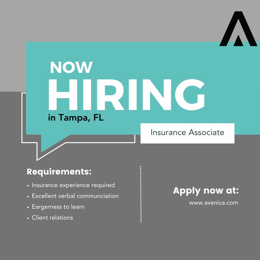 NOW HIRING IN TAMPA, FL!

Check out our Insurance Associate opportunity at avenica.com!

#nowhiring #career #opportunity #insurance #tampafl