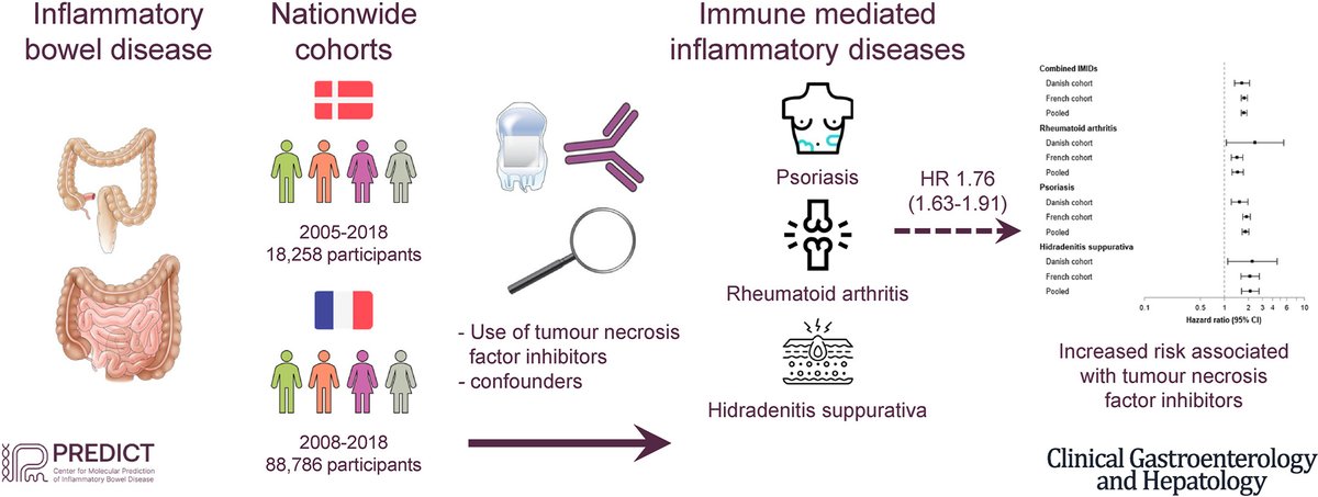 In Danish and French nationwide cohorts, anti-TNF treatment of #IBD was associated with an approximate 76% increased risk of rheumatoid arthritis, psoriasis, and hidradenitis suppurativa. Learn more at ow.ly/K6Au50QoYkR @drdanielward @PREDICT_IBD @J_Kirchgesner @DrTineJess