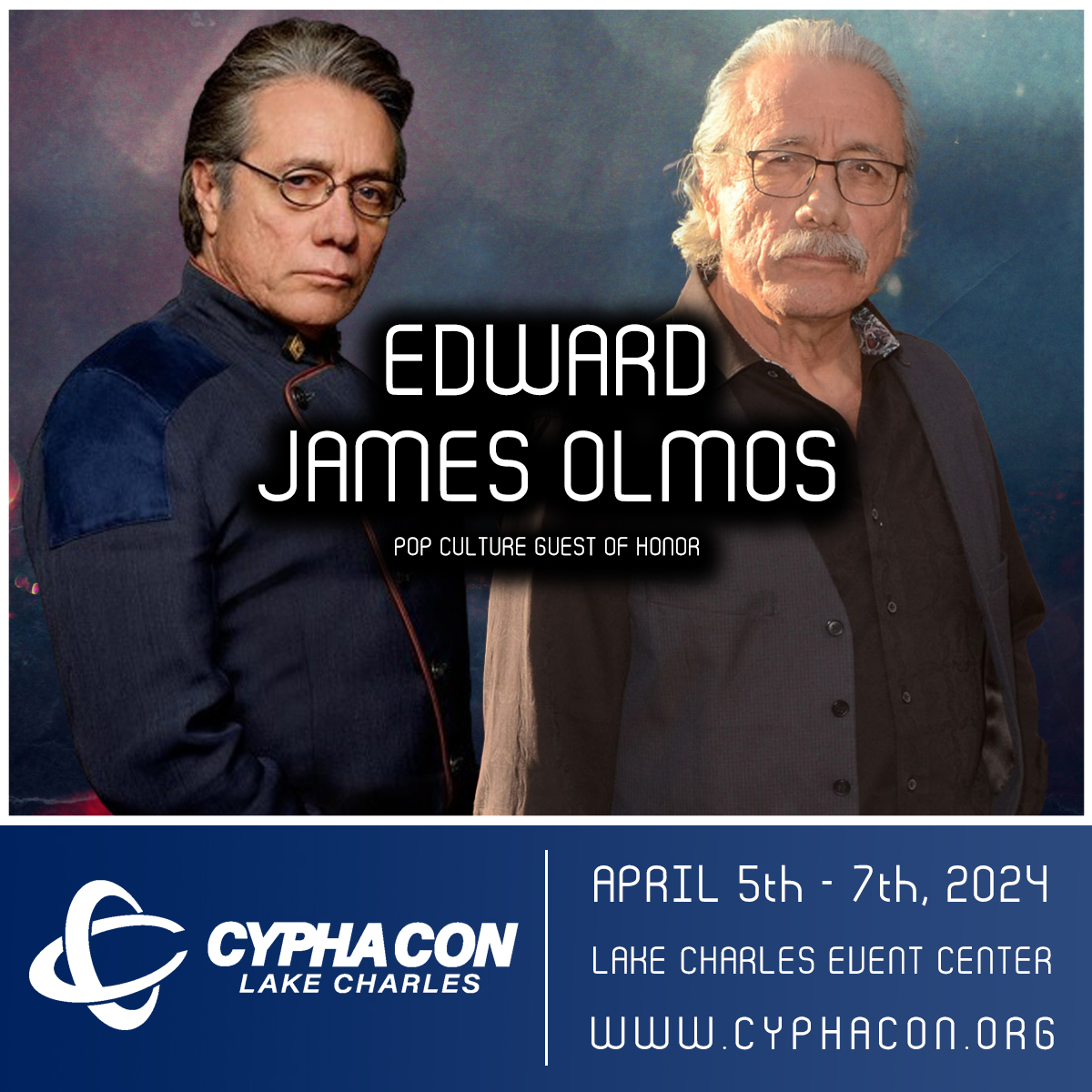 CYPHACON is proud to announce our Pop Culture Guest of Honor, @edwardjolmos Edward will be joining us April 5th - 7th, 2024 at the @LCCivicCenter in Lake Charles Louisiana! For complete information visit our website, tickets on sale now! cyphacon.org/speakers/ejo/