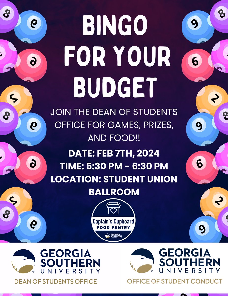 GsuDean's tweet photo. Hey Eagles, happy spring semester! We are gearing up for another round of Bingo for Your Budget. Join us at 5:30pm on 2/7 in the Student Union ballroom (Armstrong) or 7:00pm on 2/8 in Russell Union 2047 (Boro) for free food, fun, and the chance to win prizes! https://t.co/9MtquNDCyt
