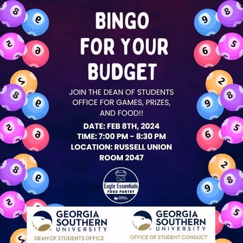 GsuDean's tweet photo. Hey Eagles, happy spring semester! We are gearing up for another round of Bingo for Your Budget. Join us at 5:30pm on 2/7 in the Student Union ballroom (Armstrong) or 7:00pm on 2/8 in Russell Union 2047 (Boro) for free food, fun, and the chance to win prizes! https://t.co/9MtquNDCyt