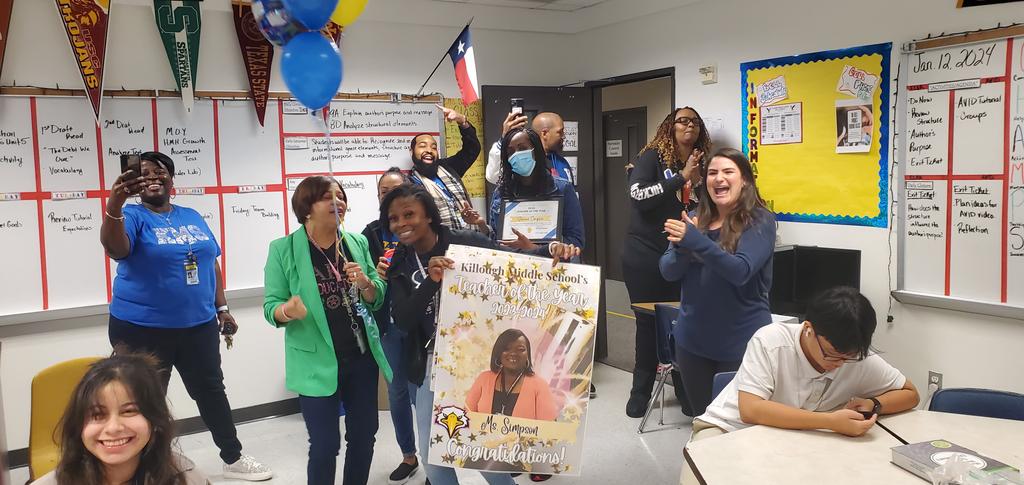 PrincipalDuncan's tweet photo. Congratulations to @KilloughEagles 2023-2024 Teacher of the Year, Ms. Simpson!!! 💙💛🥳🎉🎊 https://t.co/8Kpk3hUgM1
