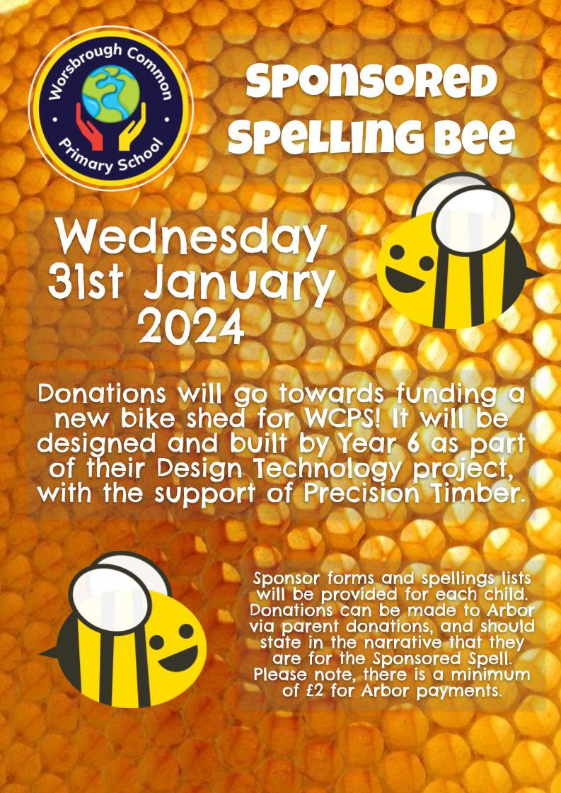 Bzzzzzz… 🐝 Our Sponsored Spelling Bee takes places on the 31st of January! Please help to us to raise money to build a new bike shed for our pupils - designed and built by <a href="/WCPSc2024/">WCPS Year 6</a> with support from <a href="/PrecisionTimber/">Precision Timber</a> 🔨🪚 who is already practicing their spellings? @WCommonPS