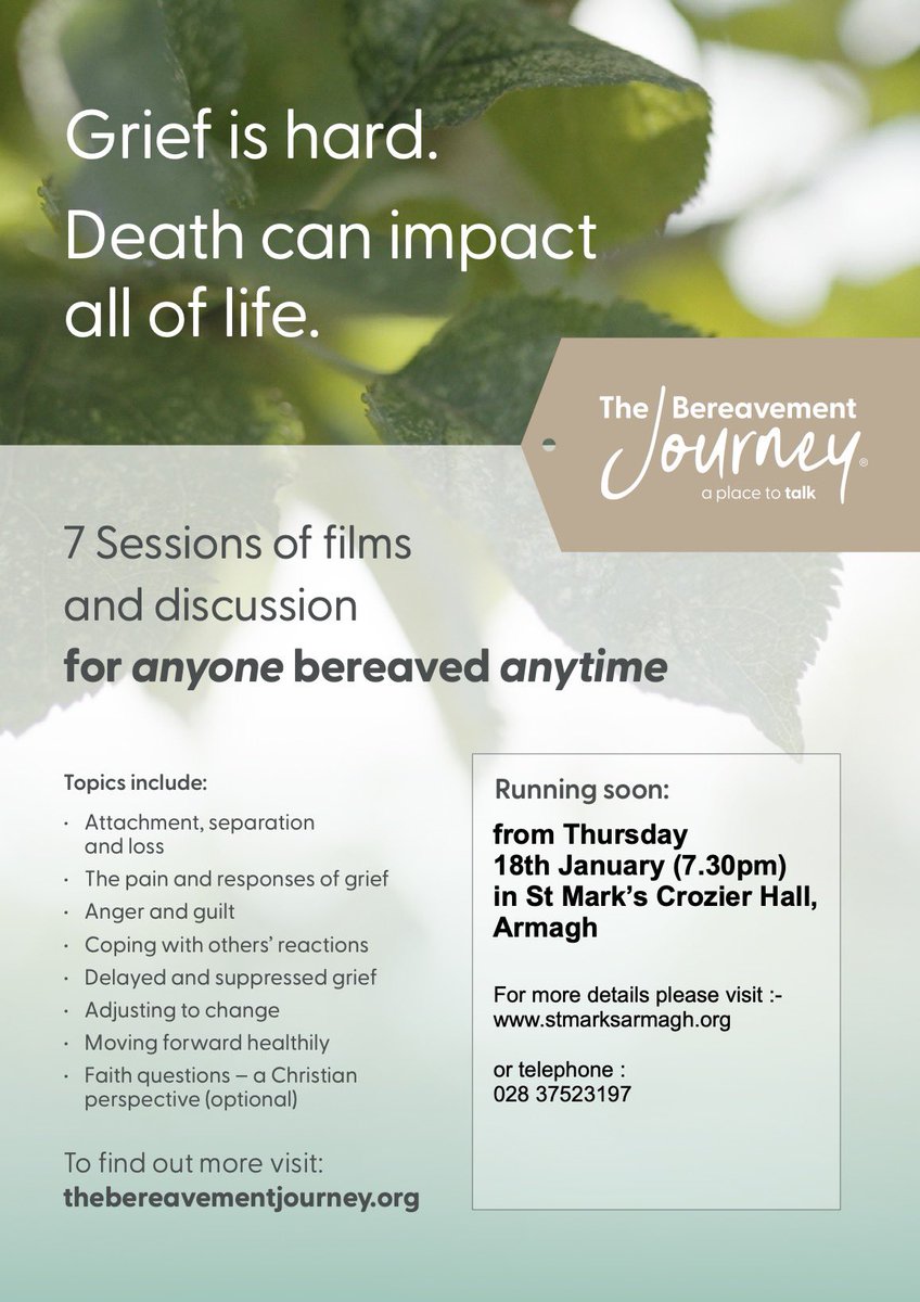 bobjbrown's tweet photo. There’s still time to register to participate in our @thebereavementj programme, which commences on Thursday 18th in St Mark’s Parish Armagh - please be in contact if you would like more info, and thanks to anyone who retweets 👏 @visit_armagh @AtaLosscharity https://t.co/vx9YB7adoz
