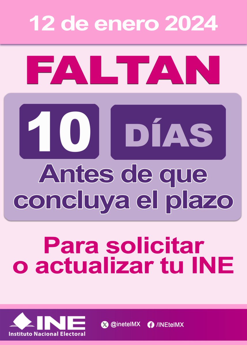El tiempo ⏳de actualizar la #CredencialParaVotar termina tienes hasta el 22 de enero. El módulo en #inetlacolula te atiende de lunes a viernes de 08:00am a 08:00pm y los sábados y domingos de 09:00am a 04:00pm, hasta el 22 de enero de 2024.
👉Citas en bit.ly/2x8P5hD👈