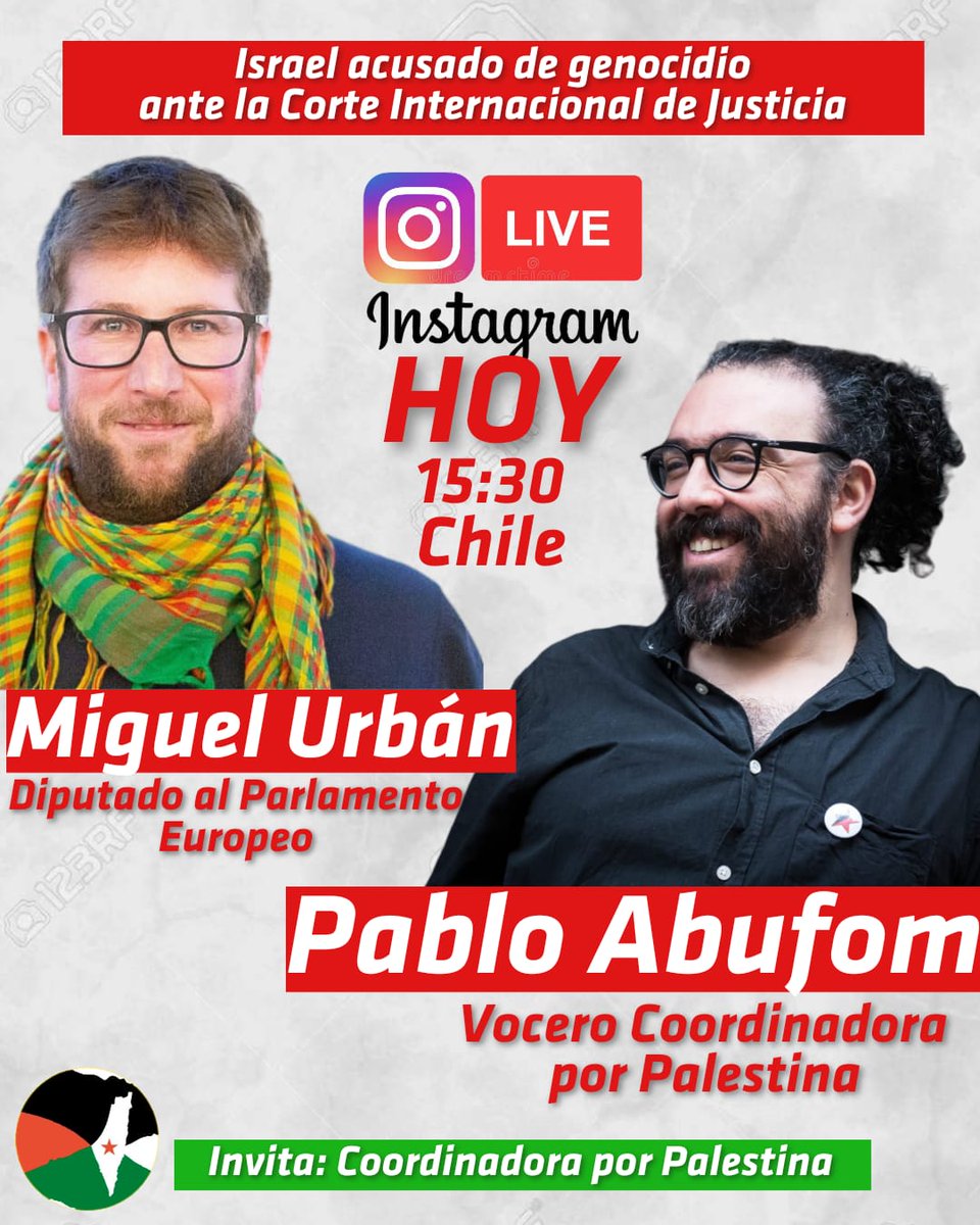 porpalestinaCL's tweet photo. 📢 HOY 15:30 vía Instagram Live en @porpalestina
Nuestro compañero @PabloAbufom estará conversando con @MiguelUrban, Diputado del Parlamento Europeo que apoyó y firmó, junto a decenas de eurodiputados, una carta de respaldo a la demanda de #Sudáfrica contra #Israel ante la CIJ. https://t.co/BIs9mT3dJ7