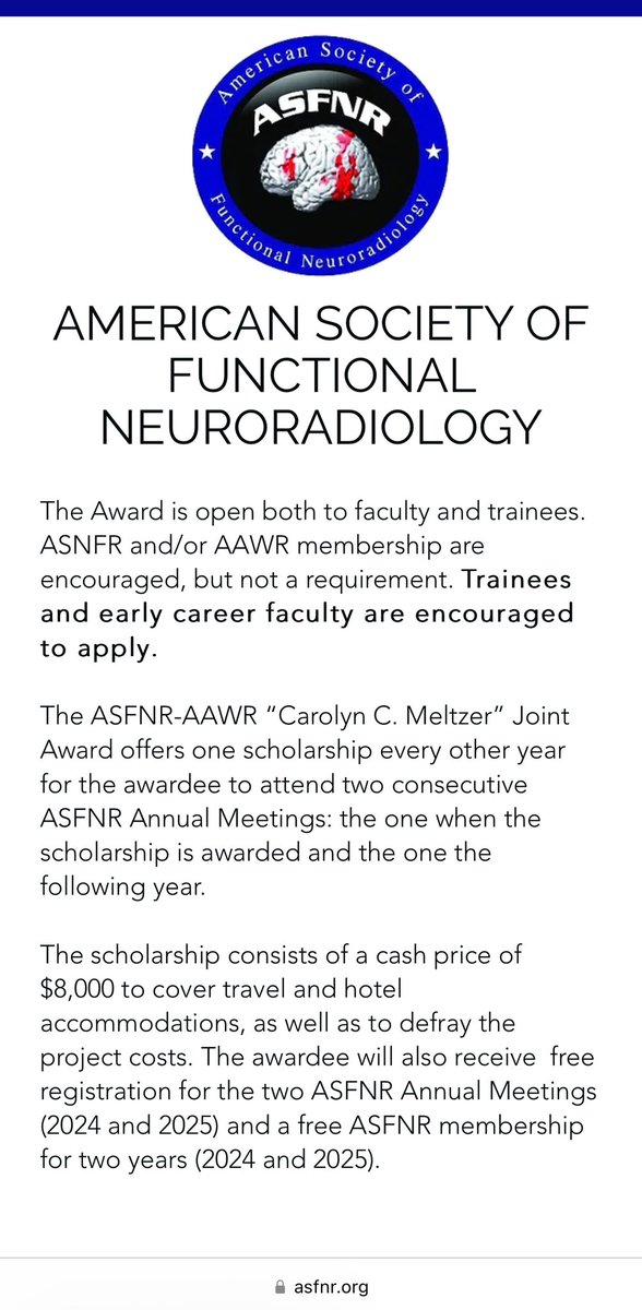 The ASFNR-AAWR “Carolyn C. Meltzer” Joint Award is a 2-year award from @theASFNR & @AAWR_org! 😁x2️⃣ (#ASFNR24 & #ASFNR25) asfnr.org/asfnr-aawr-car… 👍👍 #NeuroRadiology #WomenInRadiology #Radiology #RadEq