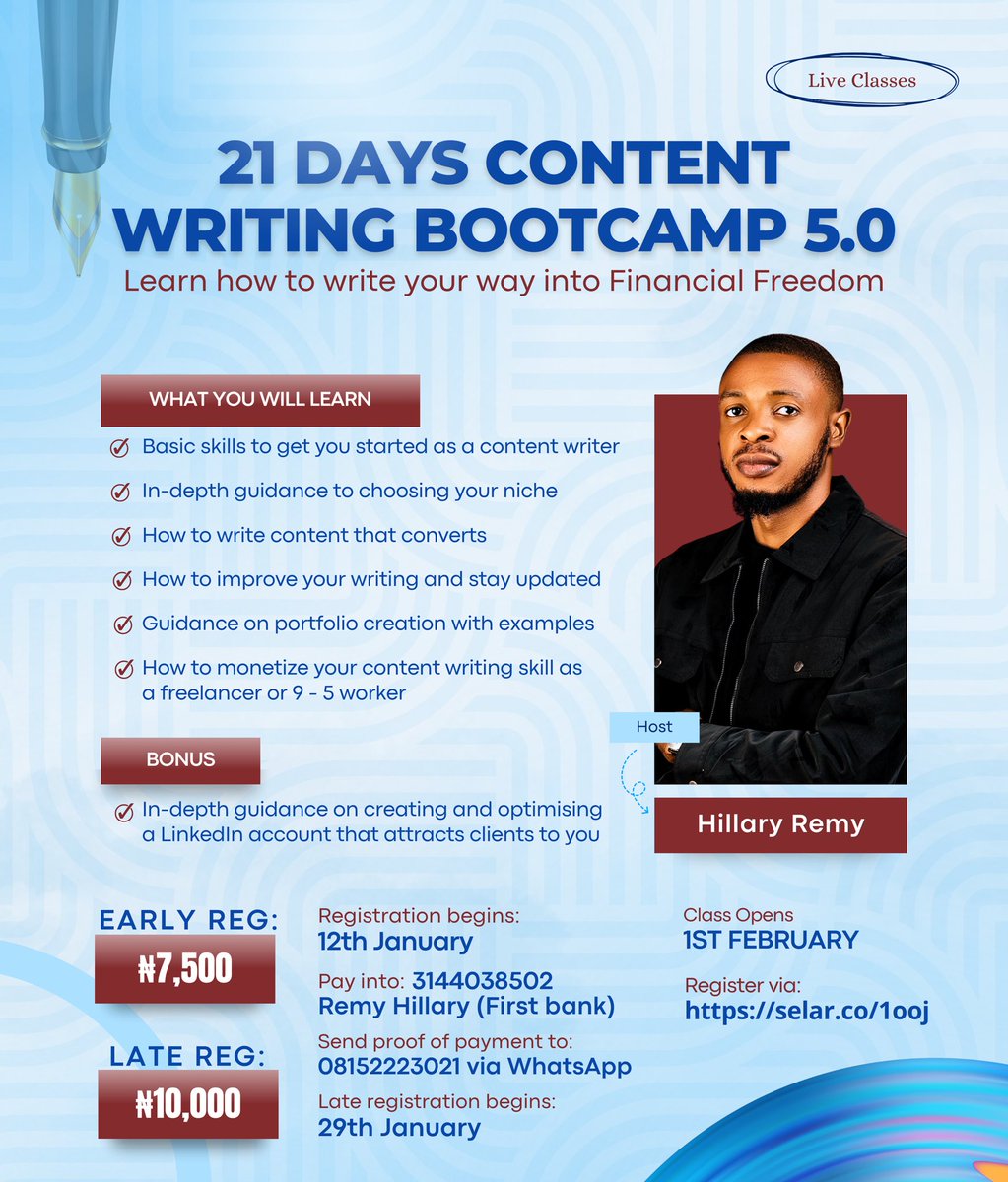 HopeRemy's tweet photo. Sometime early last year, I came up with the idea of hosting a bootcamp for those who wants to learn writing from the scratch and for those who wants to polish their writing skills.

The aim of this bootcamp is to simply equip participants with a skill that is the foundation to whatsoever you want to do on the internet today and also to teach them how to monetize either as a freelancer or in building their own brand.

So far, we have had 4 cohorts and the results have been enormous.

We have had participants go on to thrive as freelancers on Upwork Fiver, Facebook, Linkedin etc

We have had a few land paying remote roles and even internships.

From the last cohort, 4 participants landed roles as social media managers for different businesses. 2 have so far landed writing roles for international organizations.

In all of these, the cry for more fills my DM ever week and as a result of that, I have decided to host the next cohort.

This time we are increasing the practicals because I want participants well cooked.

This cohort is a very special one as it’s the first of the year and in turn I am certain of the greater results that will flow afterwards.

￼ Who are those who can participate?

1. Freelancers & intending Freelancers
2. Anyone who desires to learn a skill 
3. Anyone learning to make money online 
4. Anyone trying to build an online brand
5. Every and anyone ￼

To Register for this cohort, see this flyer for details.