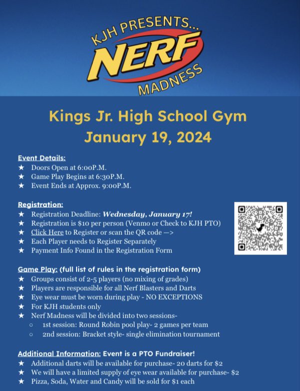 We are one week away from the Annual KJH Nerf Madness presented by PTO! Use the QR code below to sign up for this fun night! #StrongerTogether #EPIC