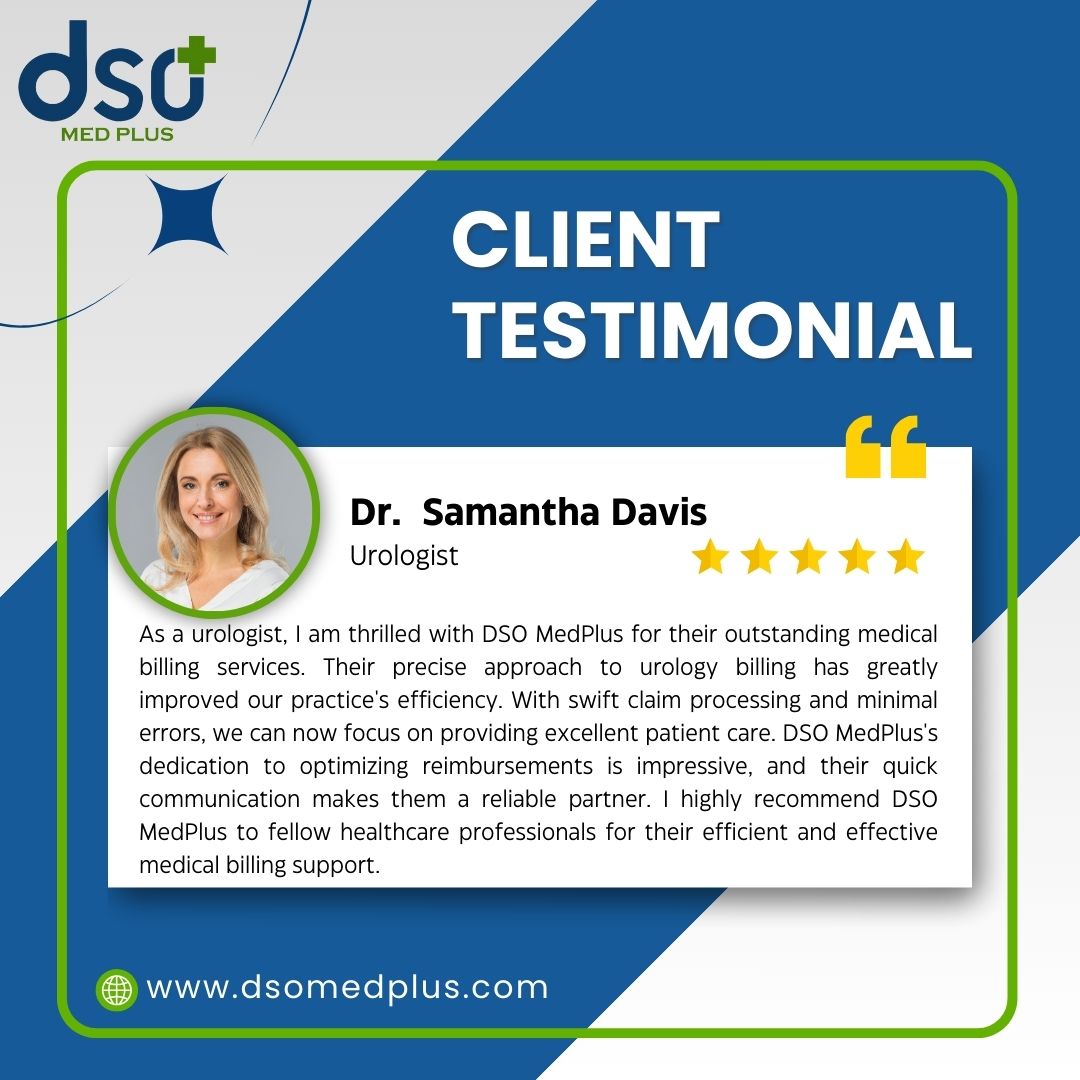 DsoMedplus's tweet photo. DSO MedPlus: Elevating Urology Practices with Precision and Efficiency. Dr. Samantha Davis applauds their outstanding medical billing services, transforming our focus to unparalleled patient care.
https://t.co/UNUSHgBou3
.
.
#Medicalbilling #Medicalcoders #Hospitalbilling #Doctor https://t.co/fc06UYIhwq
