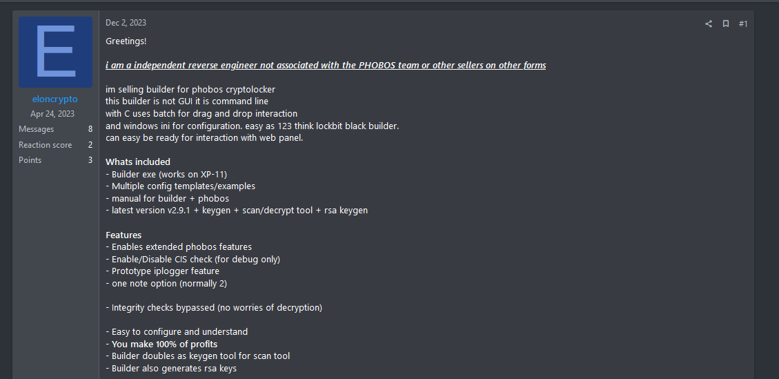 We have observed a dark web forum user offering a cracked version of the Phobos ransomware builder for $1,000 to a single buyer. #Phobos is a ransomware family with multiple variants, one of which is thought to be used by #8Base ransomware