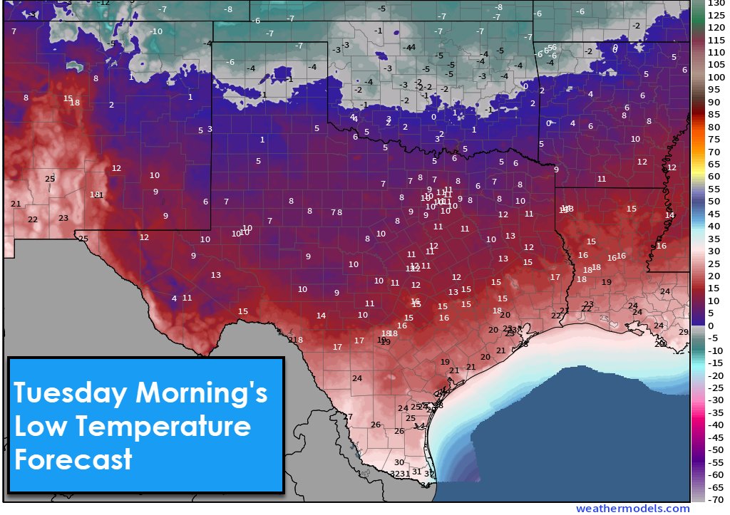 TxStormChasers's tweet photo. The ENTIRE state of #Texas is expected to be BELOW FREEZING on Tuesday AM (January 16)

IF schools don't all just close because we don't do the #cold very well here in #Texas, please take extra time to bundle up the kiddos to the max Tuesday morning.

Today or tomorrow: It is time to make sure you have sufficient antifreeze for your commutes next week. Winterize your pipes/spigots and plants.

Check on the elderly family, friends and neighbors that they are staying warm. Keep dripping the indoors faucets and keep your heater/furnace set at a minimum of 55 degrees F. Pet's peepee-poopoo breaks must be super fast and not left unattended.

This cold snap won't last long so no reason to panic. Winter precip is not expected to severely impact many folks either. Spotty accumulations of any sleet or freezing rain look to be minimal for now. #txwx #winter #coldfront