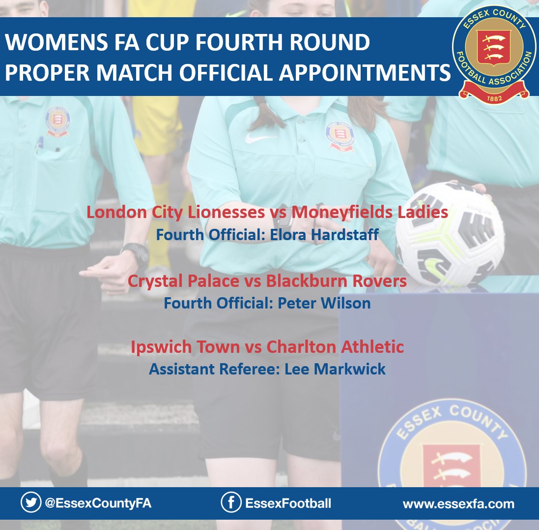 EssexReferees's tweet photo. Good luck to the 3⃣ @EssexCountyFA match officials out on Sunday in the Fourth Round Proper of the @AdobeWFACup 🙌⚽️ #DevelopedInEssex https://t.co/bgQqqscVrO