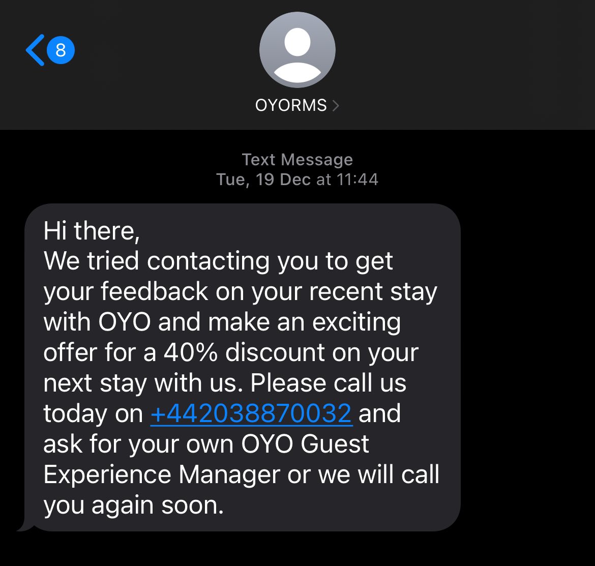 leighcutter's tweet photo. @oyorooms 6 calls to try and respond to YOUR text - each time told I would receive a call back, still waiting, only wanted to take advantage of the offer you advertised, surely it can’t be that hard 🤦🏼‍♀️ https://t.co/DCJ8FMknHC